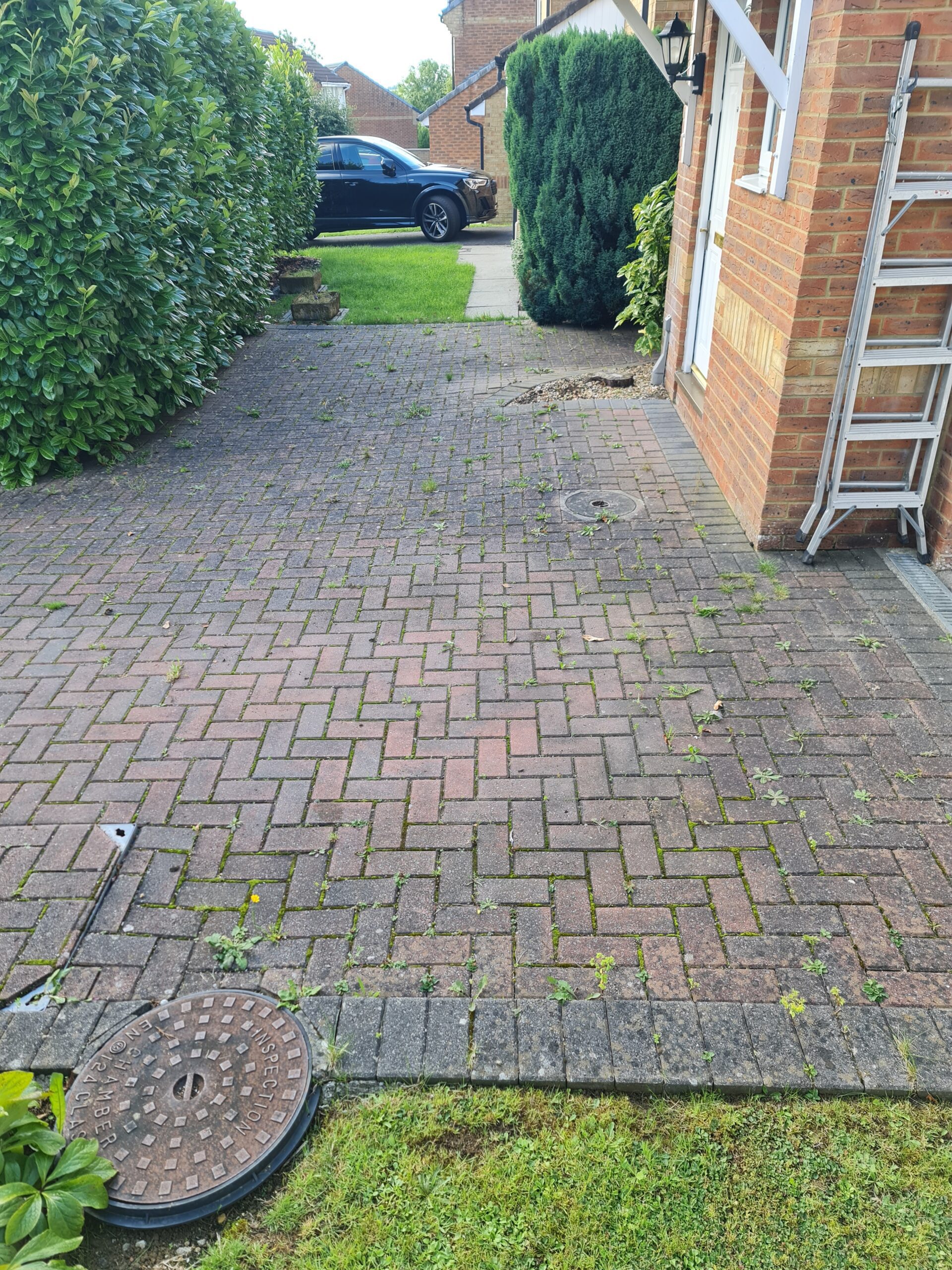 Block paving driveway before cleaning